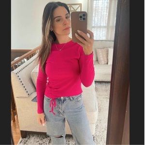 TARGET A NEW DAY Bright Pink Long-Sleeve Ribbed Ruched Adjustable String Shirt S